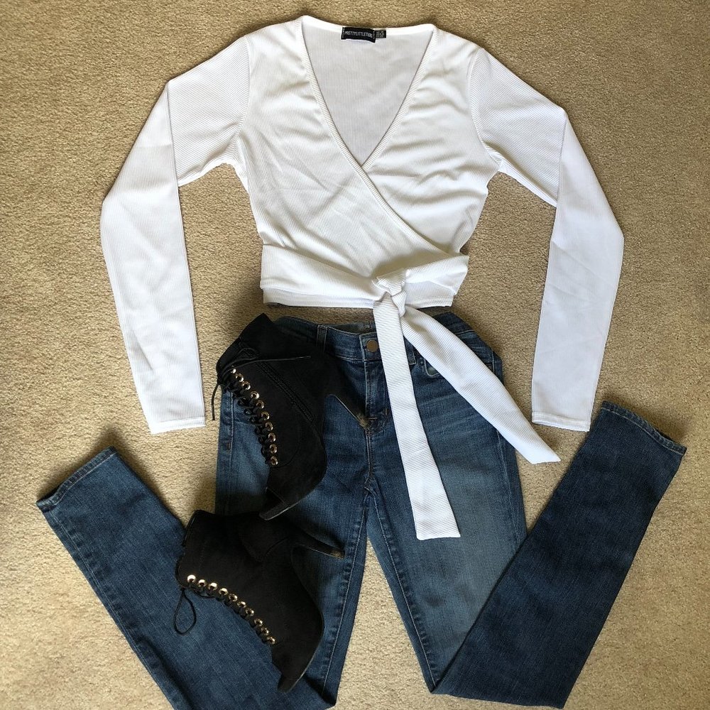 PLT white longsleeve wraparound tie front top